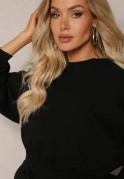 Czarny Bawełniany Komplet Bluza Krótka ze Ściągaczem i Szerokie Spodnie ze Sznurkiem w Pasie Rionnea