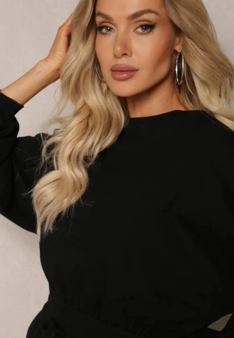 Czarny Bawełniany Komplet Bluza Krótka ze Ściągaczem i Szerokie Spodnie ze Sznurkiem w Pasie Rionnea