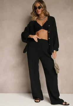 Czarny Bawełniany Komplet Muślinowy Oversize z Koszulą i Szerokimi Spodniami Ziorina
