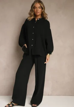 Czarny Bawełniany Komplet Muślinowy Oversize z Koszulą i Szerokimi Spodniami Ziorina