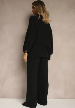 Czarny Bawełniany Komplet Muślinowy Oversize z Koszulą i Szerokimi Spodniami Ziorina