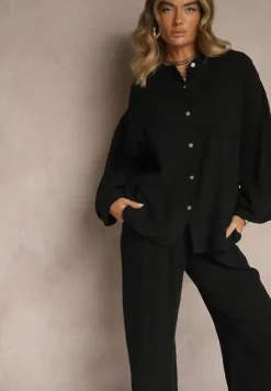Czarny Bawełniany Komplet Muślinowy Oversize z Koszulą i Szerokimi Spodniami Ziorina