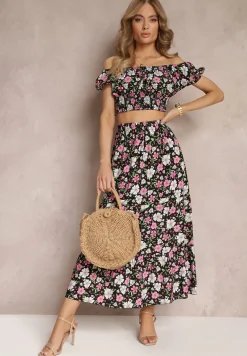 Czarny Bawełniany Komplet 2-częściowy w Kwiaty Malenis