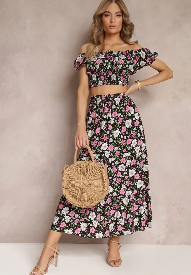 Czarny Bawełniany Komplet 2-częściowy w Kwiaty Malenis