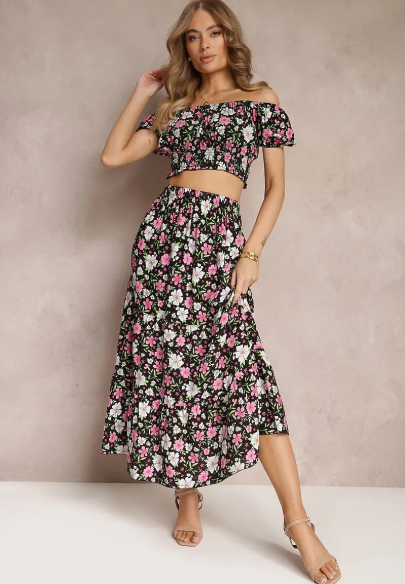 Czarny Bawełniany Komplet 2-częściowy w Kwiaty Malenis