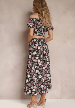 Czarny Bawełniany Komplet 2-częściowy w Kwiaty Malenis