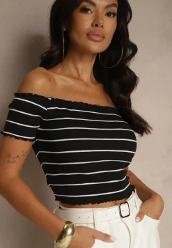 Czarny Bawełniany Top Hiszpanka Ozdobiony Paskami Lirasora