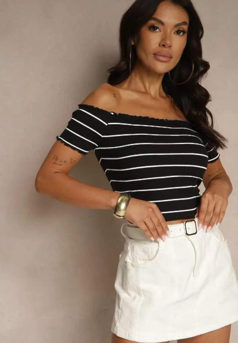 Czarny Bawełniany Top Hiszpanka Ozdobiony Paskami Lirasora