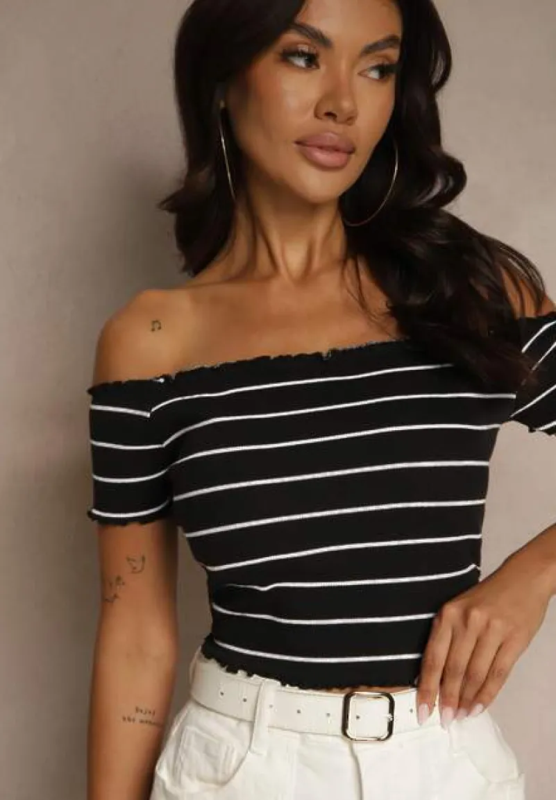 Czarny Bawełniany Top Hiszpanka Ozdobiony Paskami Lirasora