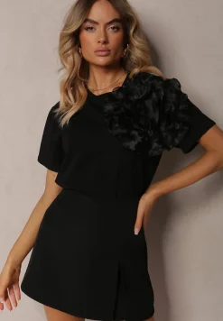 Czarny Bawełniany T-shirt z Krótkim Rękawem i Ozdobnym Kwiatem Krissas