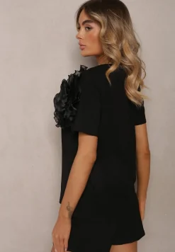 Czarny Bawełniany T-shirt z Krótkim Rękawem i Ozdobnym Kwiatem Krissas