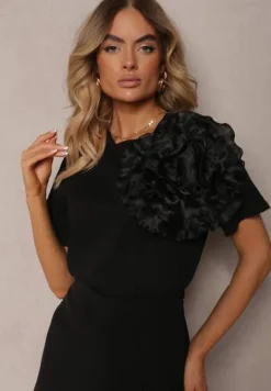 Czarny Bawełniany T-shirt z Krótkim Rękawem i Ozdobnym Kwiatem Krissas