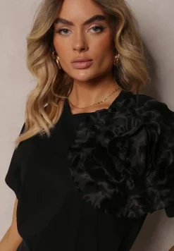 Czarny Bawełniany T-shirt z Krótkim Rękawem i Ozdobnym Kwiatem Krissas