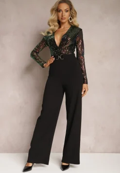Czarny Błyszczący Długi Kombinezon w Cekiny z Kopertowym Dekoltem Campara