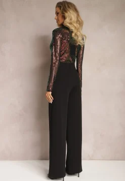 Czarny Błyszczący Długi Kombinezon w Cekiny z Kopertowym Dekoltem Campara