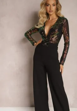 Czarny Błyszczący Długi Kombinezon w Cekiny z Kopertowym Dekoltem Campara