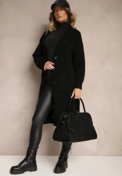 Czarny Casualowy Kardigan na Guziki z Wełną i Bawełną o Długim Kroju Vamini