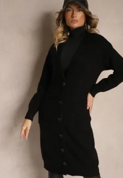 Czarny Casualowy Kardigan na Guziki z Wełną i Bawełną o Długim Kroju Vamini