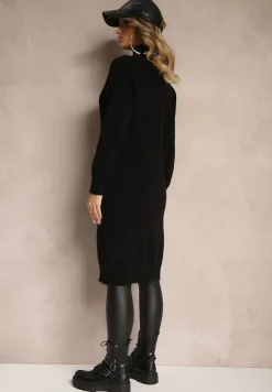 Czarny Casualowy Kardigan na Guziki z Wełną i Bawełną o Długim Kroju Vamini