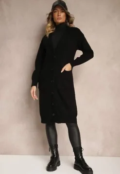 Czarny Casualowy Kardigan na Guziki z Wełną i Bawełną o Długim Kroju Vamini