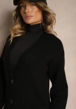 Czarny Casualowy Kardigan na Guziki z Wełną i Bawełną o Długim Kroju Vamini