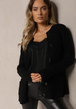 Czarny Casualowy Kardigan z Bawełną z Kieszonkami Ozdobiony Tłoczeniem Mevanille