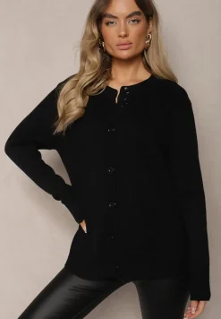 Czarny Casualowy Kardigan z Bawełną z Kieszonkami Ozdobiony Tłoczeniem Mevanille