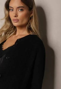 Czarny Casualowy Kardigan z Bawełną z Kieszonkami Ozdobiony Tłoczeniem Mevanille