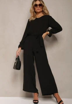 Czarny Casualowy Kombinezon z Paskiem i Gumką w Pasie Wiązany na Plecach Melodette