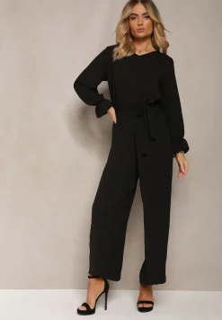 Czarny Casualowy Kombinezon z Paskiem i Gumką w Pasie Wiązany na Plecach Melodette