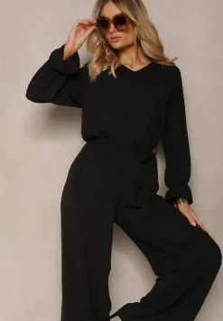 Czarny Casualowy Kombinezon z Paskiem i Gumką w Pasie Wiązany na Plecach Melodette