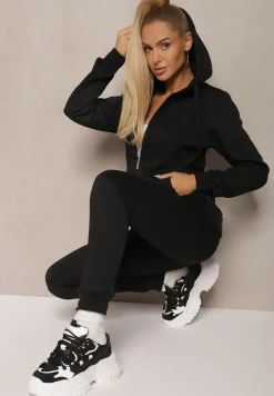 Czarny Casualowy Komplet Dresowy z Domieszką Bawełny Bluza z Kapturem i Spodnie Joggery Sineva
