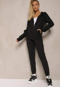 Czarny Casualowy Komplet Dresowy z Domieszką Bawełny Bluza z Kapturem i Spodnie Joggery Sineva