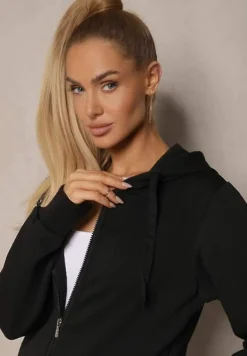 Czarny Casualowy Komplet Dresowy z Domieszką Bawełny Bluza z Kapturem i Spodnie Joggery Sineva