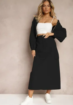 Czarny Casualowy Komplet 2-Częściowy Rozpinana Bluza i Spódnica z Kieszeniami na Klapy Lennira