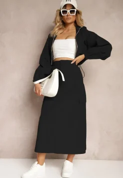 Czarny Casualowy Komplet 2-Częściowy Rozpinana Bluza i Spódnica z Kieszeniami na Klapy Lennira