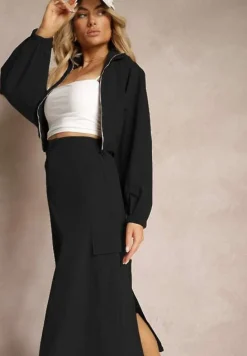 Czarny Casualowy Komplet 2-Częściowy Rozpinana Bluza i Spódnica z Kieszeniami na Klapy Lennira