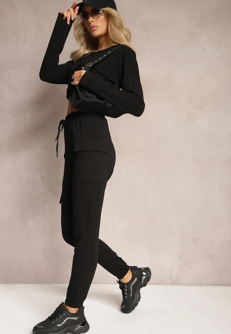 Czarny Casualowy Komplet Dresowy z Elastyczną Gumką i Ściągaczami Ariaza