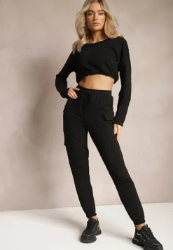 Czarny Casualowy Komplet Dresowy z Elastyczną Gumką i Ściągaczami Ariaza