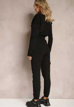 Czarny Casualowy Komplet Dresowy z Elastyczną Gumką i Ściągaczami Ariaza