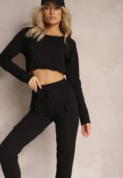 Czarny Casualowy Komplet Dresowy z Elastyczną Gumką i Ściągaczami Ariaza