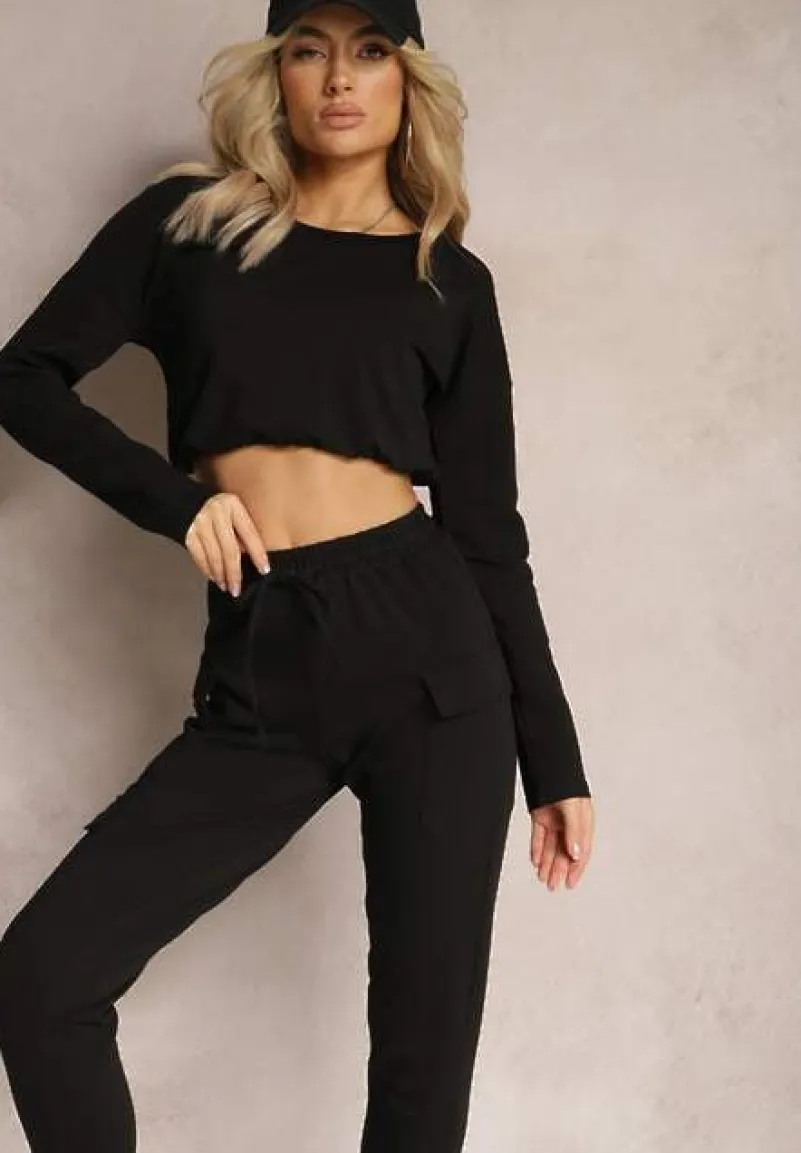 Czarny Casualowy Komplet Dresowy z Elastyczną Gumką i Ściągaczami Ariaza