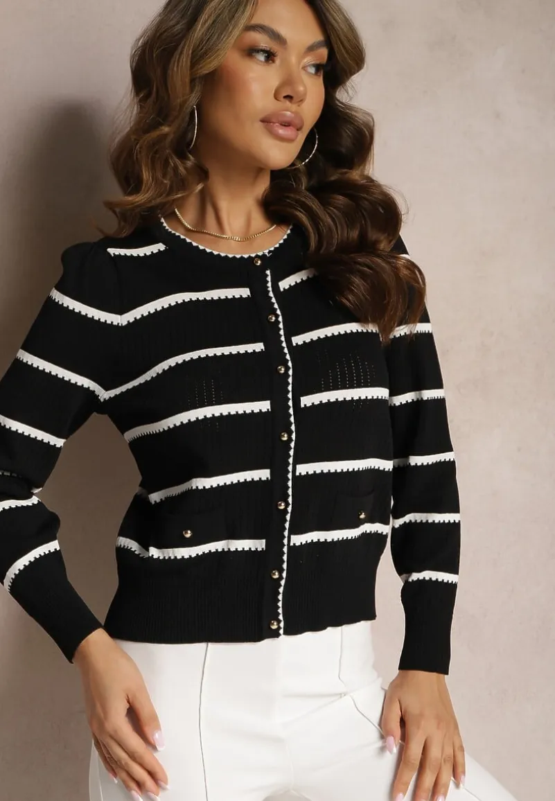 Czarny Cienki Kardigan w Paseczki z Drobnymi Guziczkami Orin