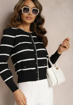 Czarny Cienki Kardigan w Paseczki z Drobnymi Guziczkami Orin