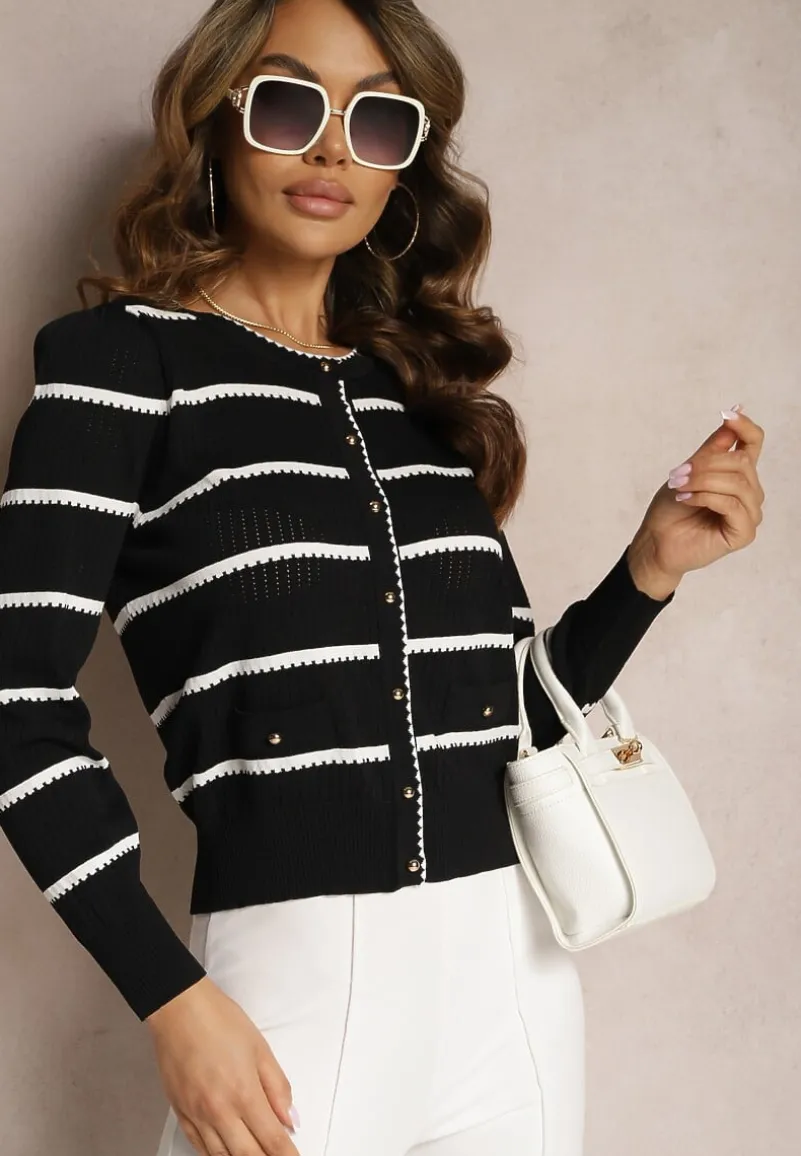 Czarny Cienki Kardigan w Paseczki z Drobnymi Guziczkami Orin