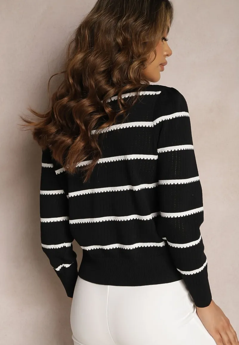 Czarny Cienki Kardigan w Paseczki z Drobnymi Guziczkami Orin