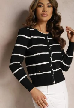 Czarny Cienki Kardigan w Paseczki z Drobnymi Guziczkami Orin