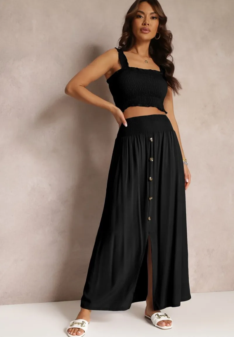 Czarny 2-częściowy Bawełniany Komplet z Długą Spódnicą i Elastycznym Topem Diomastis