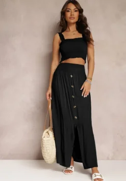 Czarny 2-częściowy Bawełniany Komplet z Długą Spódnicą i Elastycznym Topem Diomastis