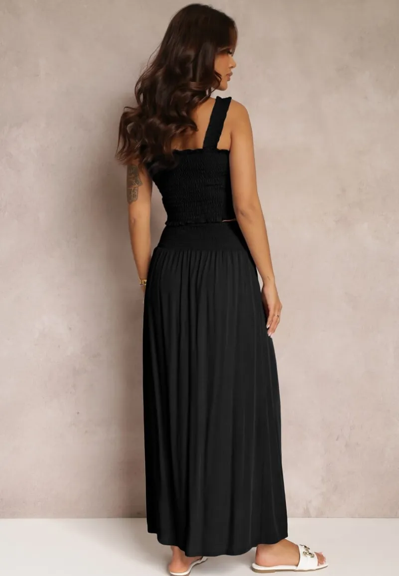 Czarny 2-częściowy Bawełniany Komplet z Długą Spódnicą i Elastycznym Topem Diomastis